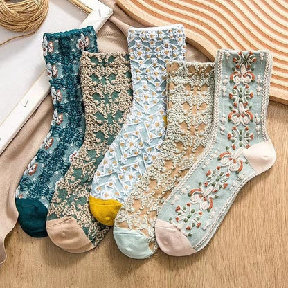 5 Paar Socken im Vintage-Stil mit Blumenstickerei