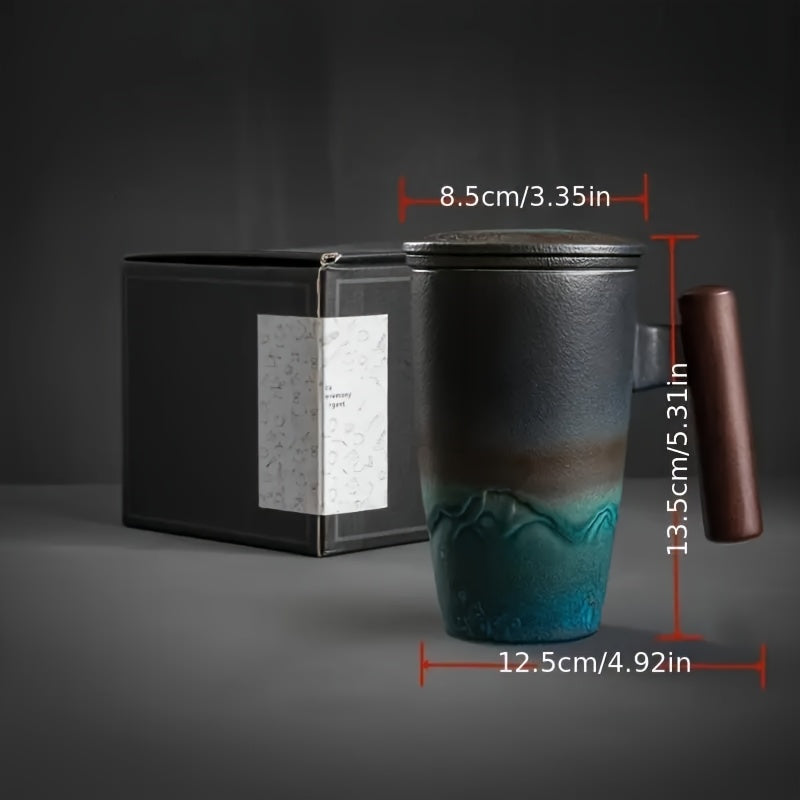 Brehn | TeaCraft Ceramic Mug | Handcrafted | With Tea Filter and Wooden Handle | Retro Design
