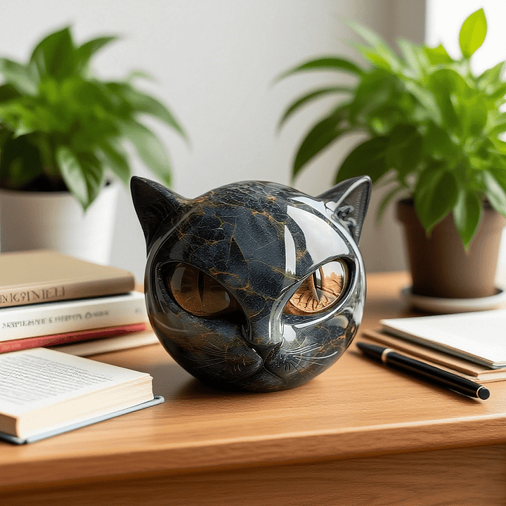 Brehn | NoirCat Skulptur – Schwarzer Katzenkopf mit hypnotisierenden Augen