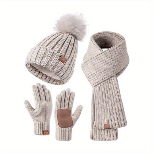 3-in-1-Strickwinterset mit Mütze, Schal und Touchscreen-Handschuhen