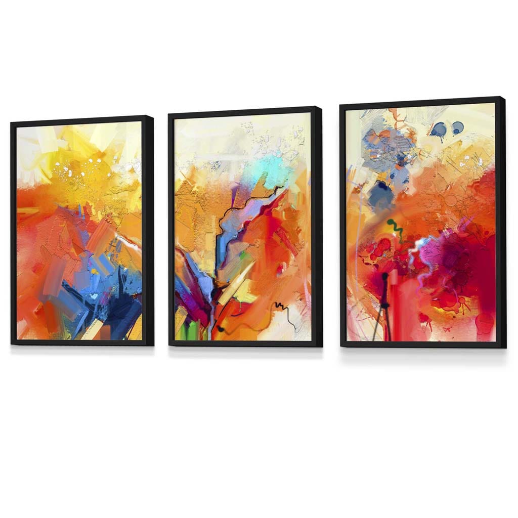 Abstraktes, farbenfrohes 3er-Set gerahmter Wandbilder in Orange, Rosa und Rot