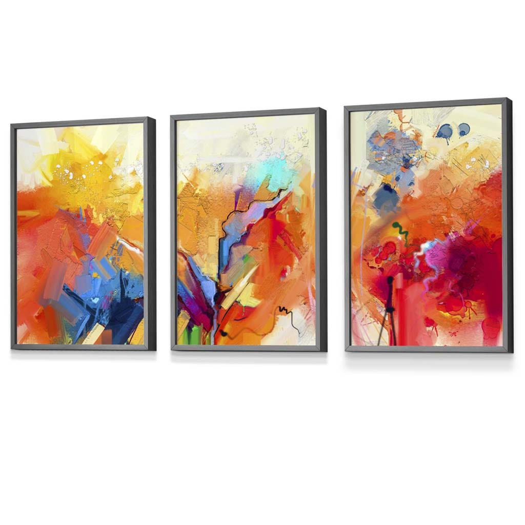 Abstraktes, farbenfrohes 3er-Set gerahmter Wandbilder in Orange, Rosa und Rot