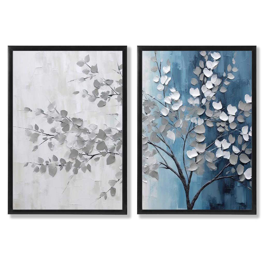 Blau-graues Baum-Diptychon, gerahmtes Set aus 2 Kunstdrucken