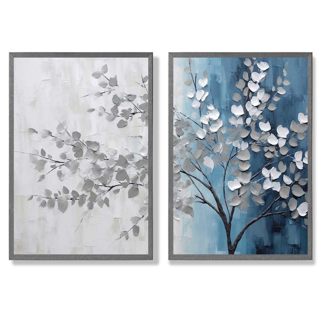 Blau-graues Baum-Diptychon, gerahmtes Set aus 2 Kunstdrucken