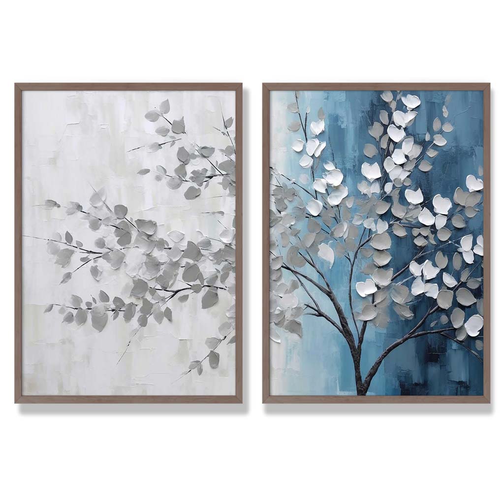Blau-graues Baum-Diptychon, gerahmtes Set aus 2 Kunstdrucken
