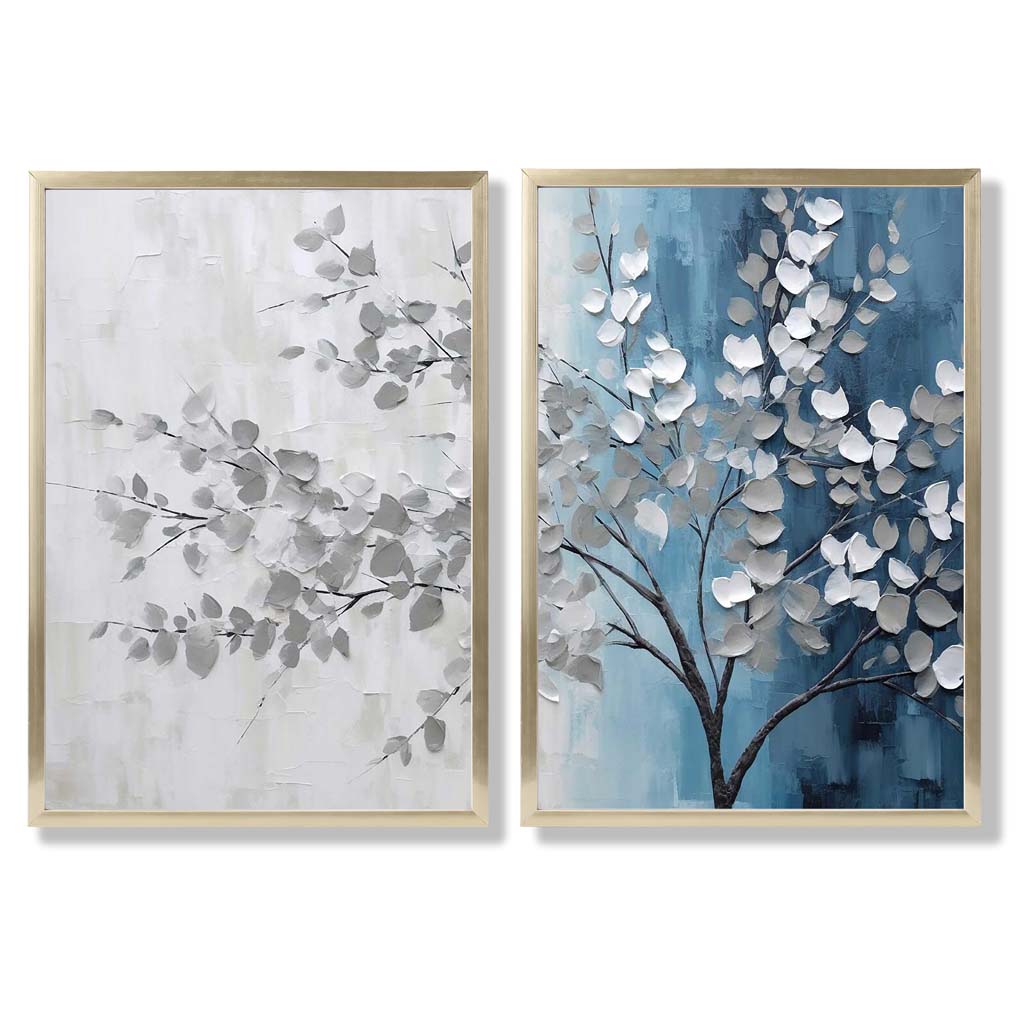 Blau-graues Baum-Diptychon, gerahmtes Set aus 2 Kunstdrucken