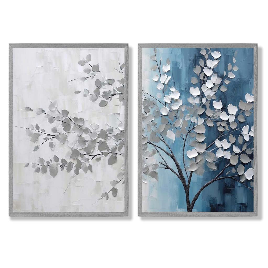 Blau-graues Baum-Diptychon, gerahmtes Set aus 2 Kunstdrucken