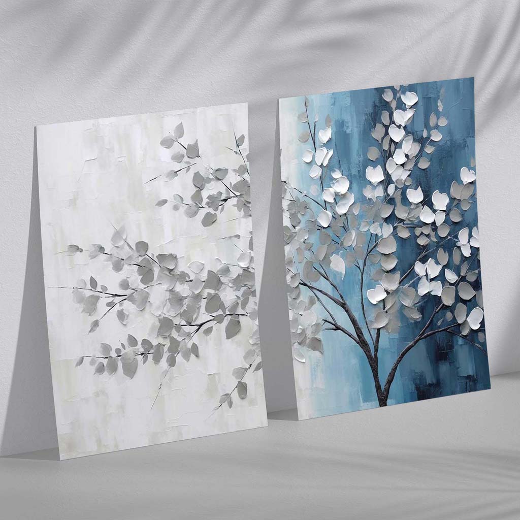 Blau-graues Baum-Diptychon, gerahmtes Set aus 2 Kunstdrucken
