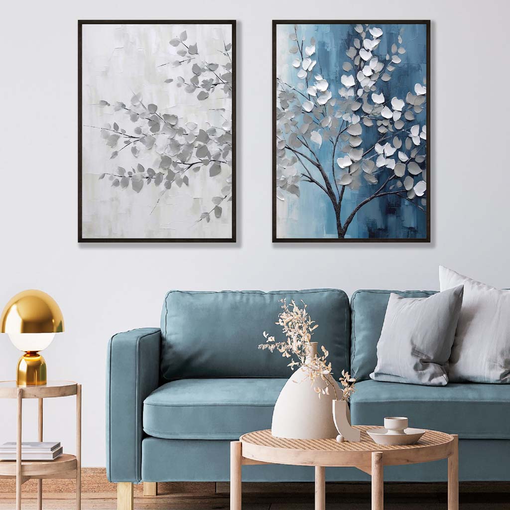Blau-graues Baum-Diptychon, gerahmtes Set aus 2 Kunstdrucken