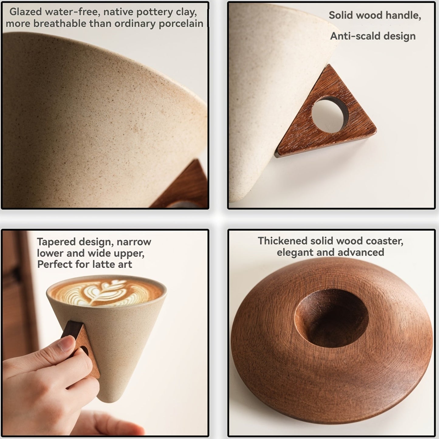 BaristaLuxe Keramische Kaffeetasse 250ml – Handgemacht mit Holzgriff und Untersetzer | Brehn