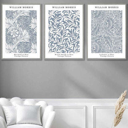 Blaues William Morris Vintage Blumen-Set mit 3 Wandbildern