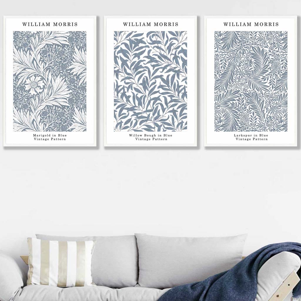 Blaues William Morris Vintage Blumen-Set mit 3 Wandbildern