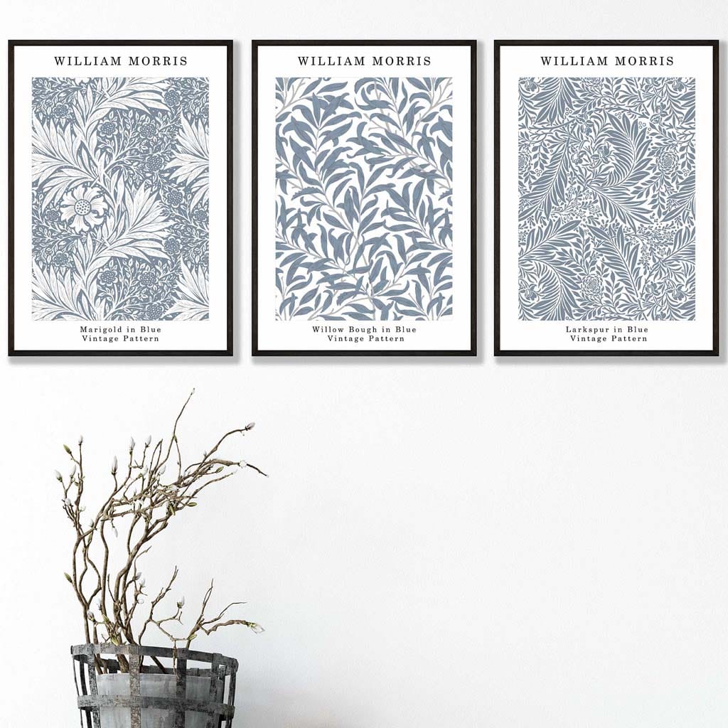 Blaues William Morris Vintage Blumen-Set mit 3 Wandbildern