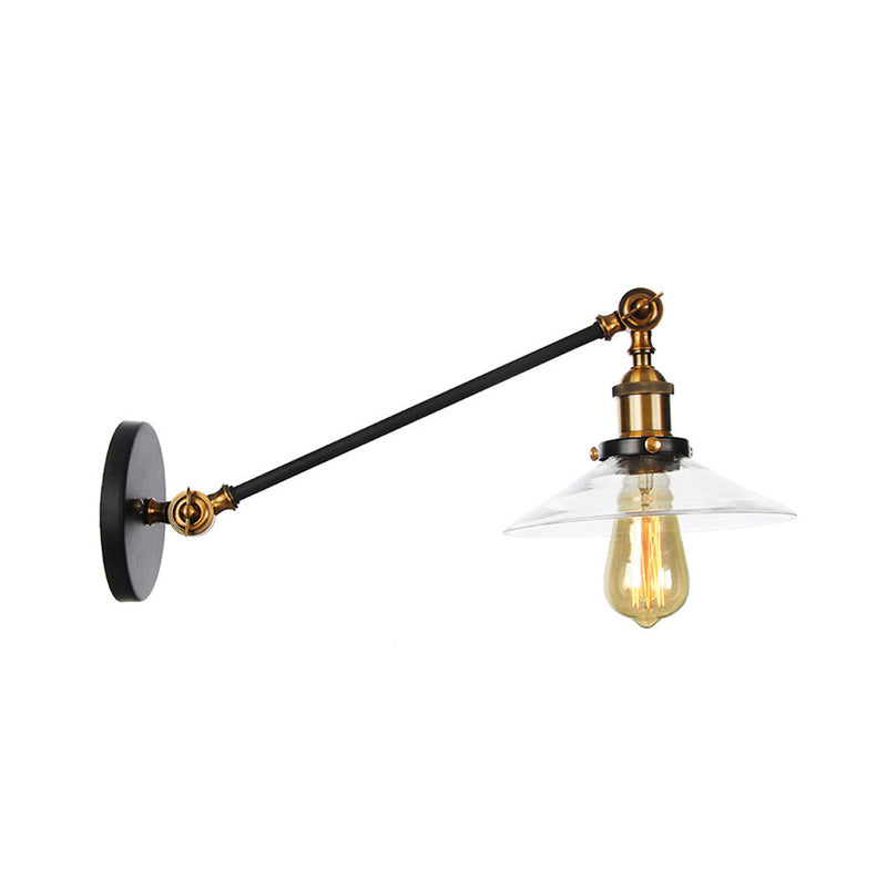1 Licht Innen Wandlampe Vintage Schwarz/Messing/Bronze Beleuchtungseinrichtung mit konischem transparentem Glasschirm, 8"/12" L Arm