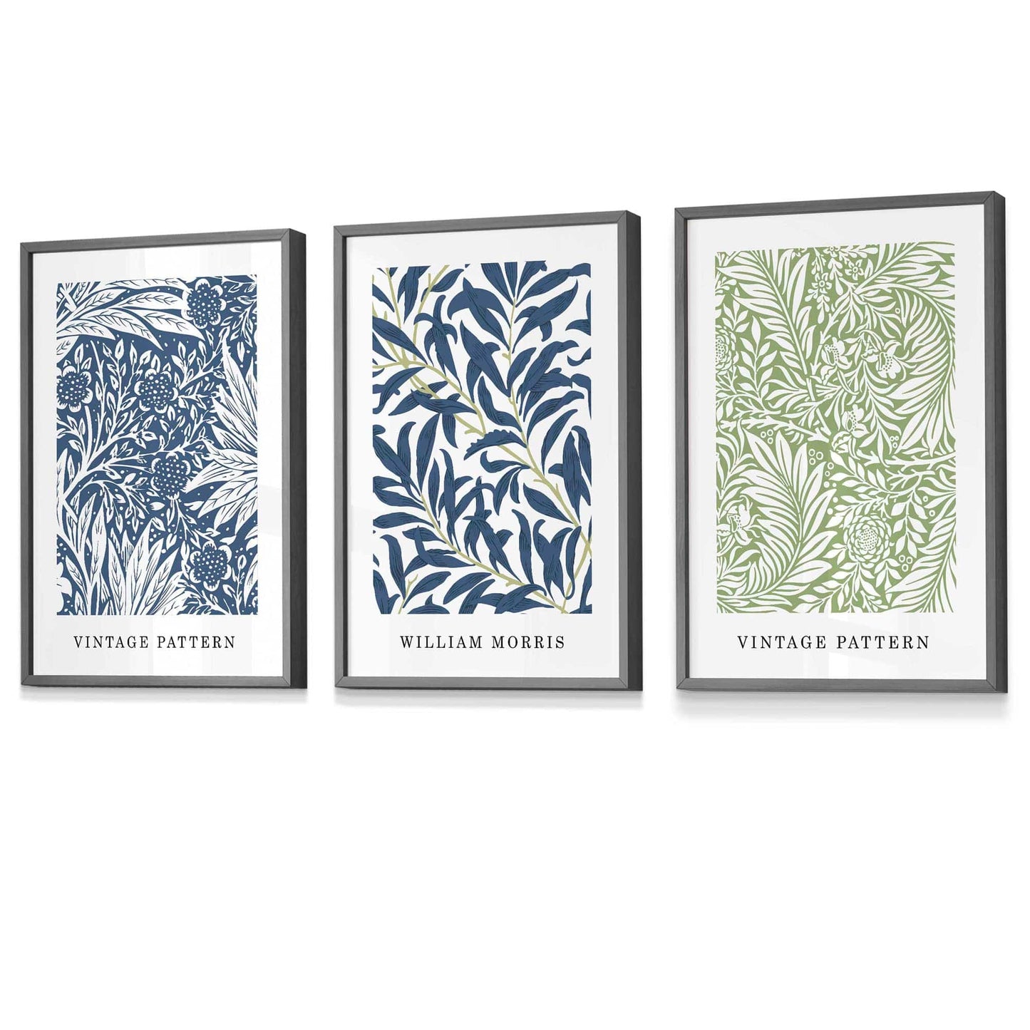 Wandbild mit gerahmten Vintage-Blumenmotiven im Stil von William Morris in Blau und Grün