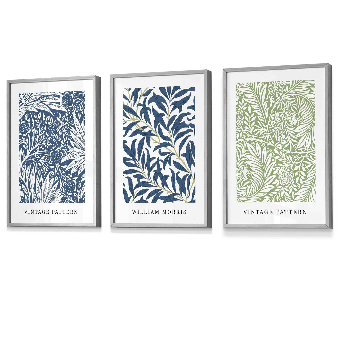 Wandbild mit gerahmten Vintage-Blumenmotiven im Stil von William Morris in Blau und Grün