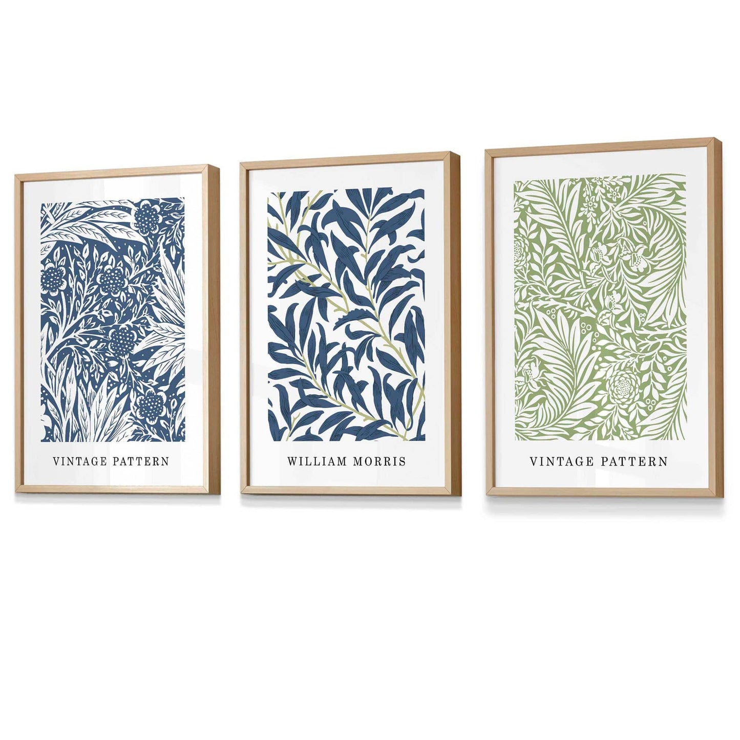 Wandbild mit gerahmten Vintage-Blumenmotiven im Stil von William Morris in Blau und Grün