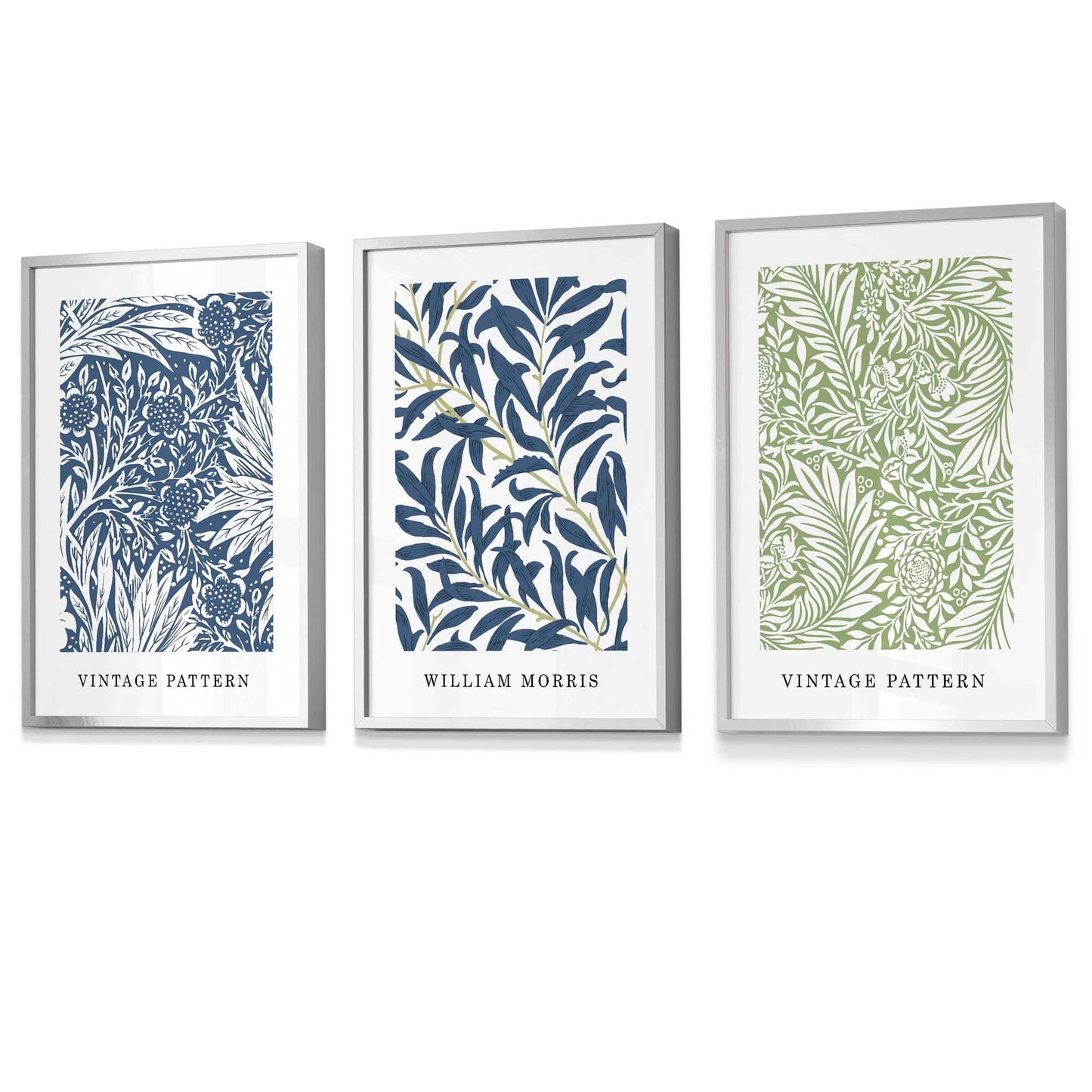 Wandbild mit gerahmten Vintage-Blumenmotiven im Stil von William Morris in Blau und Grün