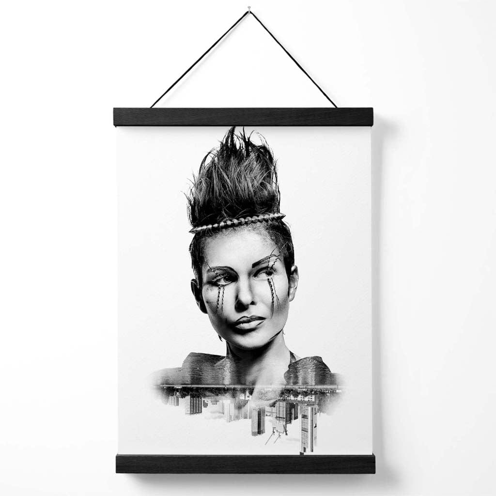 Abstraktes Mädchen- und Stadtmode-Schwarzweiß-Fotoposter mit Aufhänger