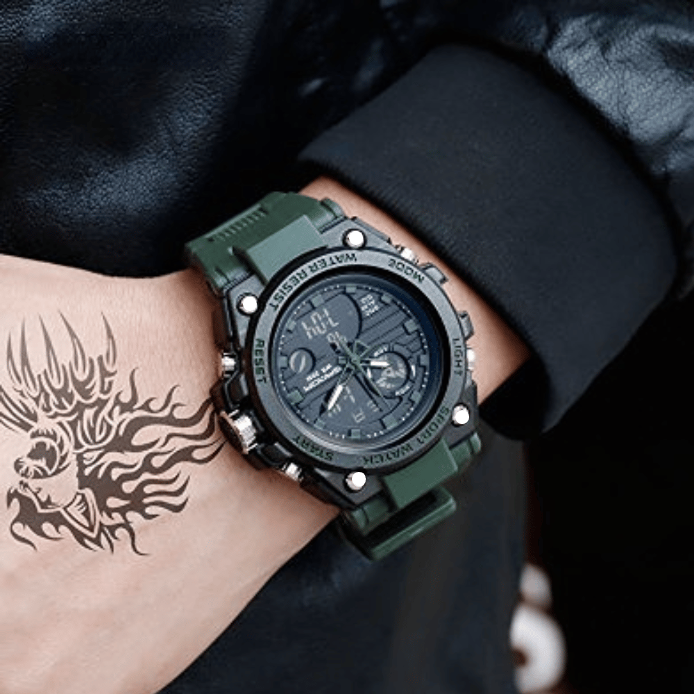 Brehn | Sportliche Dual-Display Mode Multifunktionale wasserdichte leuchtende Herrenarmbanduhr