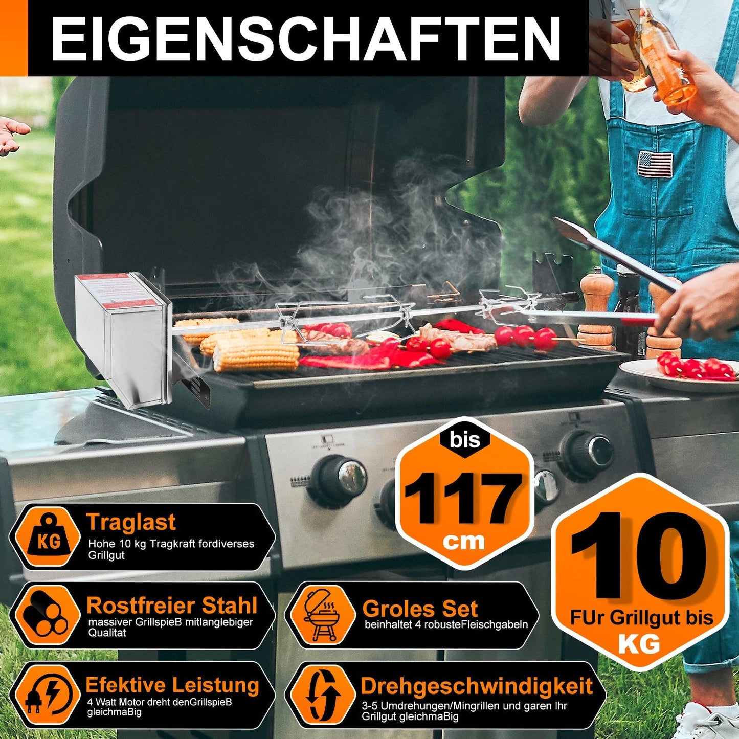 BBQ Grillspieß Edelstahl Motor 4x Fleischnadel | Brehn