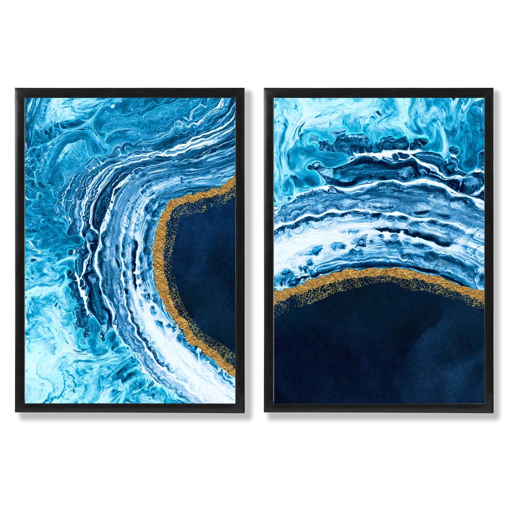 Abstraktes Ozeanmotiv in Blau und Gold, gerahmtes 2er-Set Kunstdrucke mit Rahmen