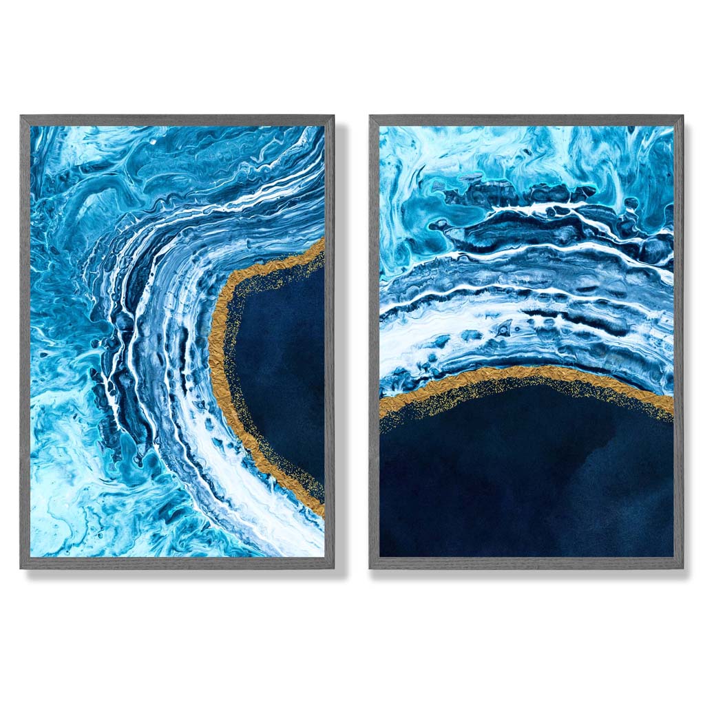 Abstraktes Ozeanmotiv in Blau und Gold, gerahmtes 2er-Set Kunstdrucke mit Rahmen