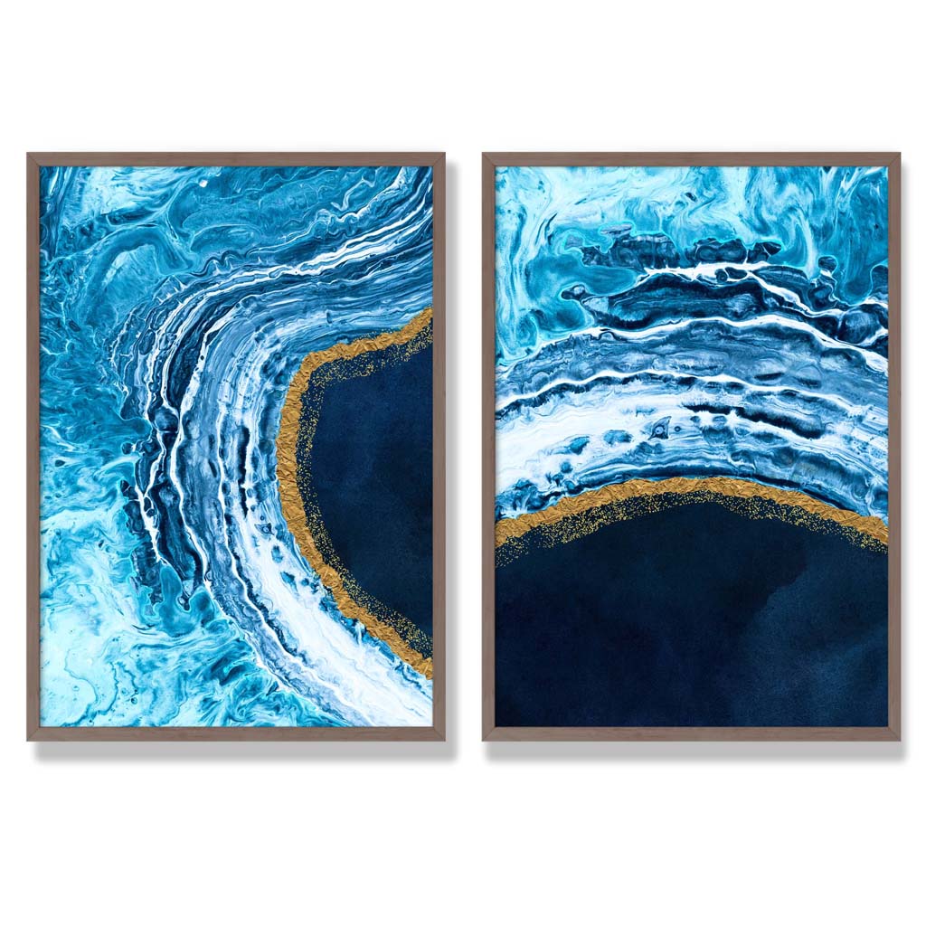 Abstraktes Ozeanmotiv in Blau und Gold, gerahmtes 2er-Set Kunstdrucke mit Rahmen