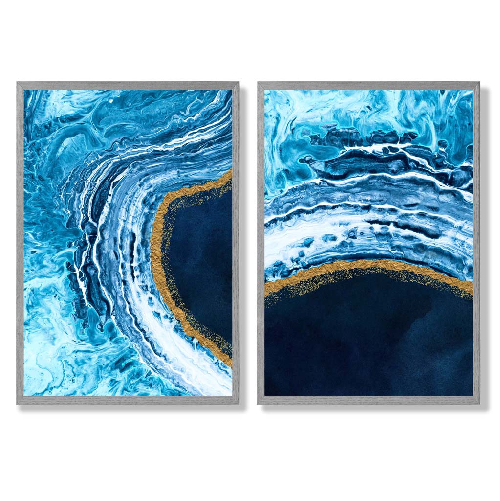 Abstraktes Ozeanmotiv in Blau und Gold, gerahmtes 2er-Set Kunstdrucke mit Rahmen