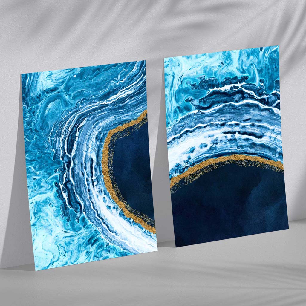 Abstraktes Ozeanmotiv in Blau und Gold, 2 Kunstdrucke