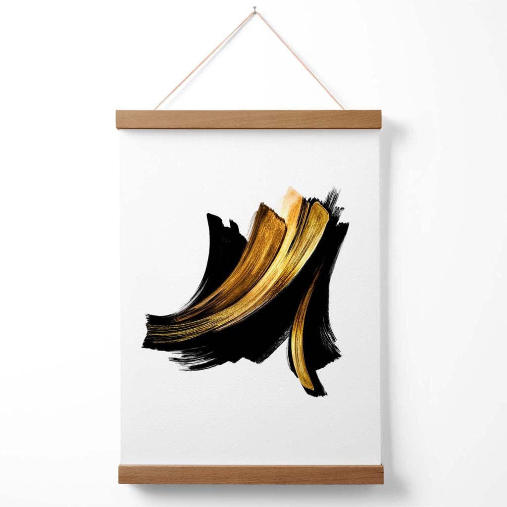Abstraktes Poster mit Pinselstrichmuster in Schwarz und Gold, inklusive Aufhänger