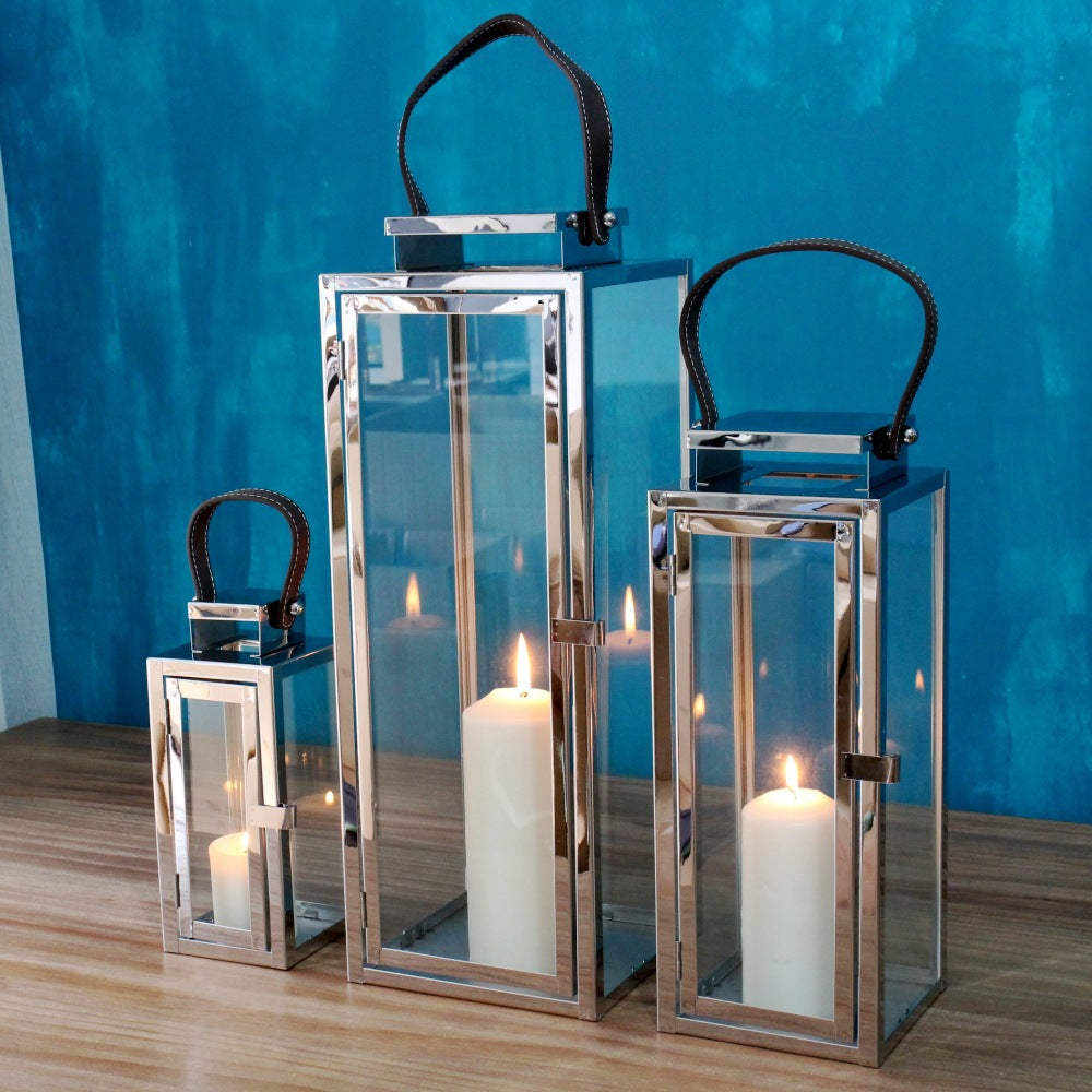 Rechteckige Glaslaternen mit poliertem Metallrahmen und Kunstledergriff Set Brehn