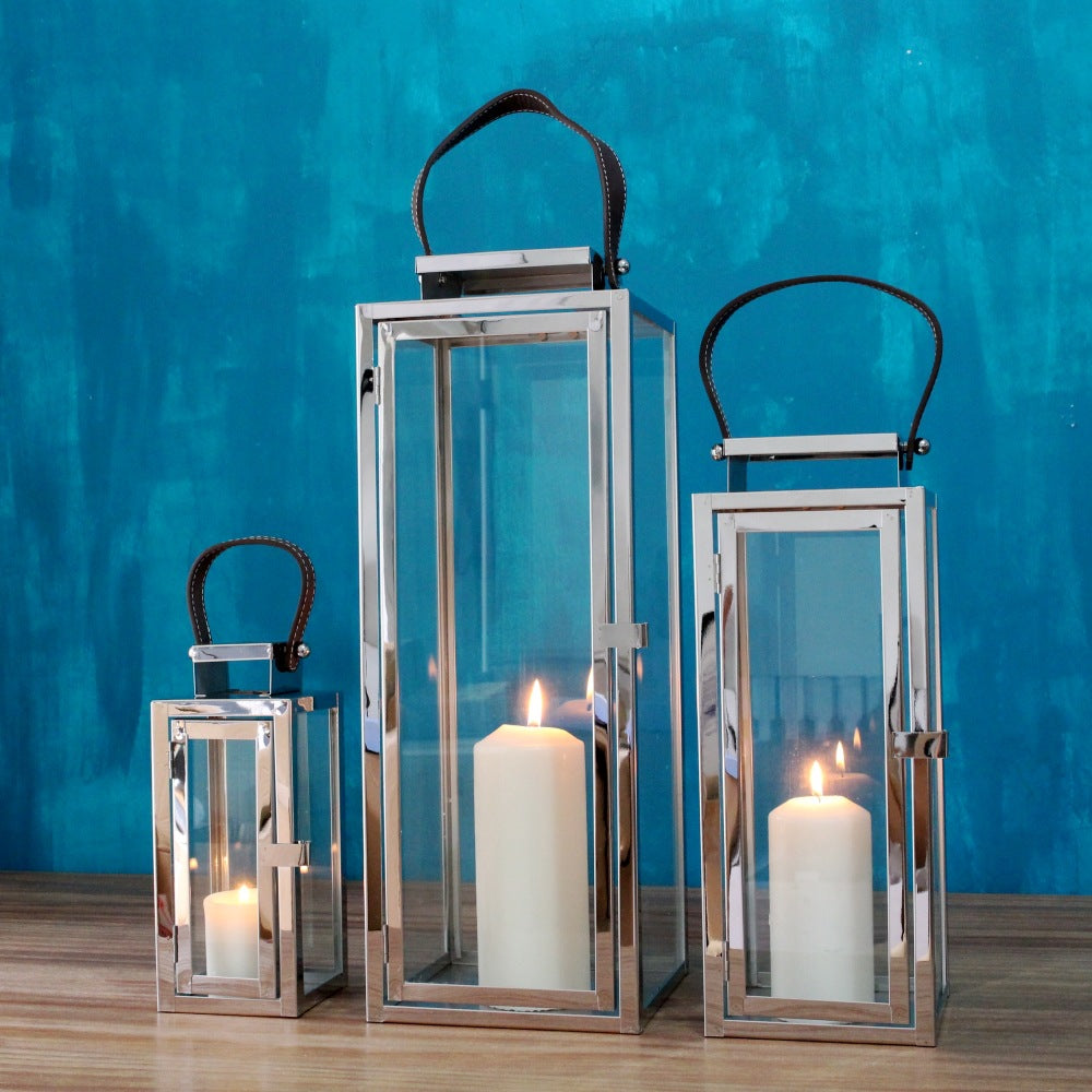 Rechteckige Glaslaternen mit poliertem Metallrahmen und Kunstledergriff Set Brehn