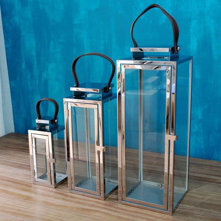 Rechteckige Glaslaternen mit poliertem Metallrahmen und Kunstledergriff Set Brehn