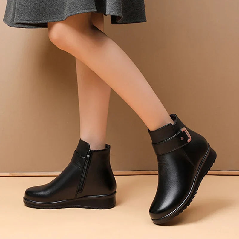 Orthopädische Damenstiefel mit Metallschnalle aus echtem Leder und Wolle