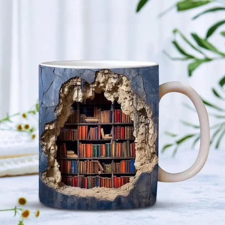 Bücherregal-Tasse – 3D-Keramik-Kaffeebecher für Bücherliebhaber
