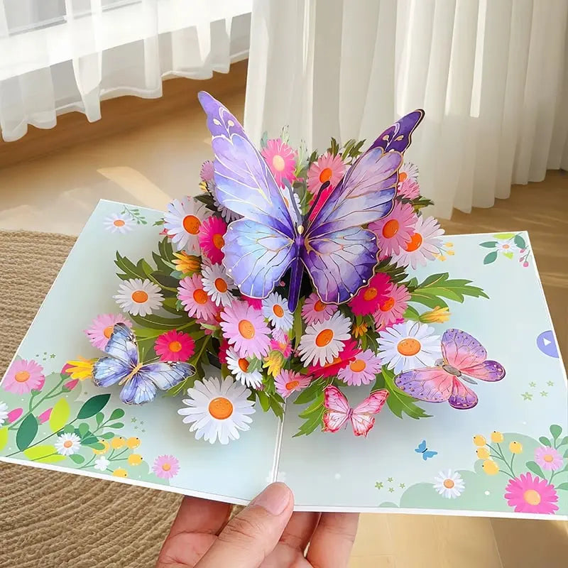 3D Pop-Up Grußkarte – Bunte Schmetterlinge & Gänseblümchen mit Umschlag