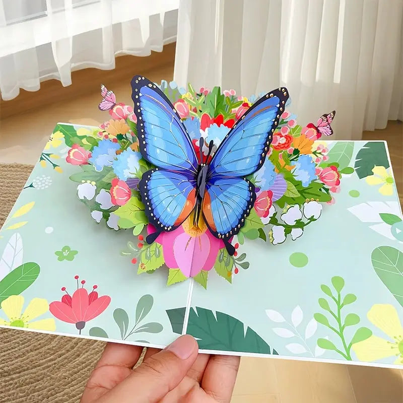 3D Pop-Up Grußkarte – Bunte Schmetterlinge & Gänseblümchen mit Umschlag