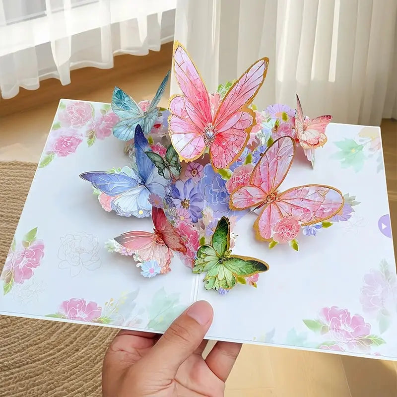 3D Pop-Up Grußkarte – Bunte Schmetterlinge & Gänseblümchen mit Umschlag