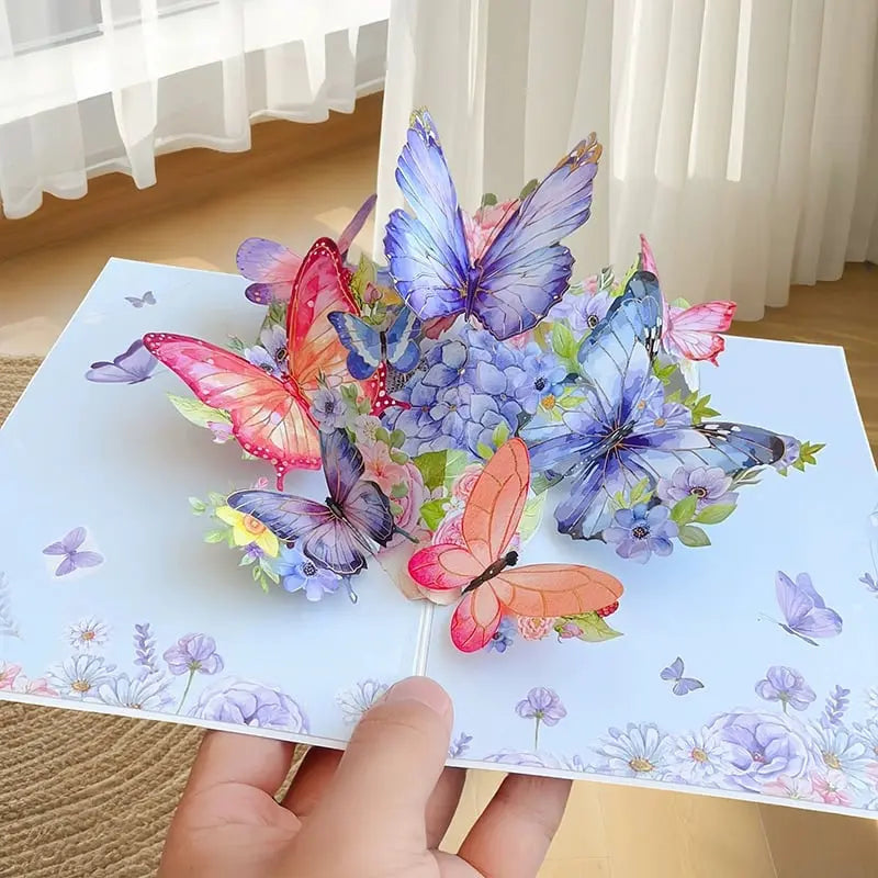 3D Pop-Up Grußkarte – Bunte Schmetterlinge & Gänseblümchen mit Umschlag