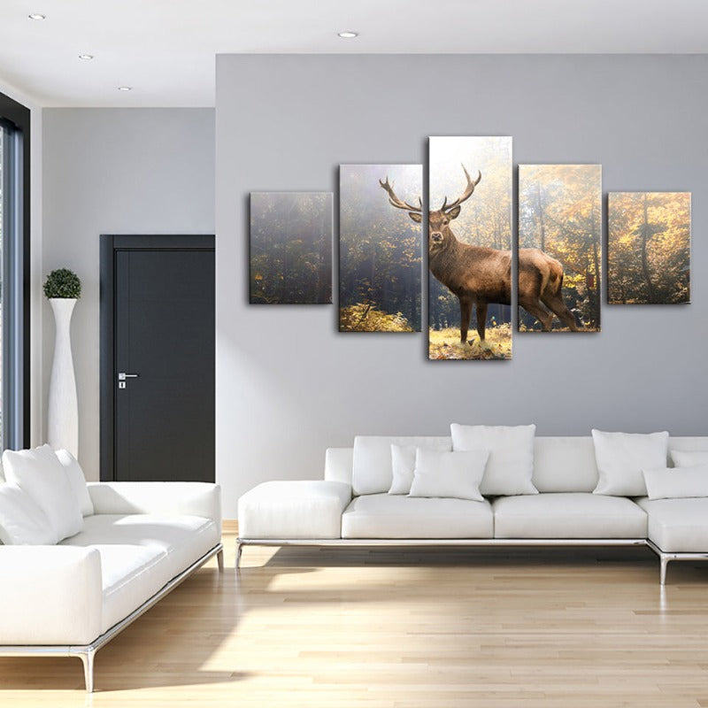 5-teiliges majestätisches Reh im Wald - Leinwand Wandkunst Gemälde