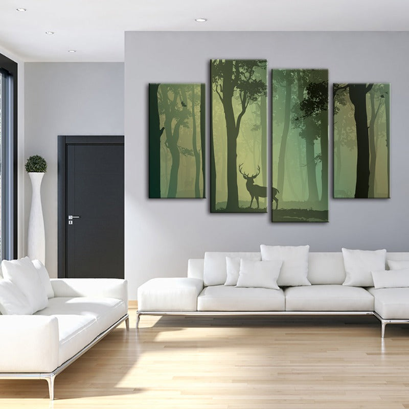 4-teilige verzauberte grünfarbige Silhouette von Rehen - Leinwand Wandkunst Gemälde