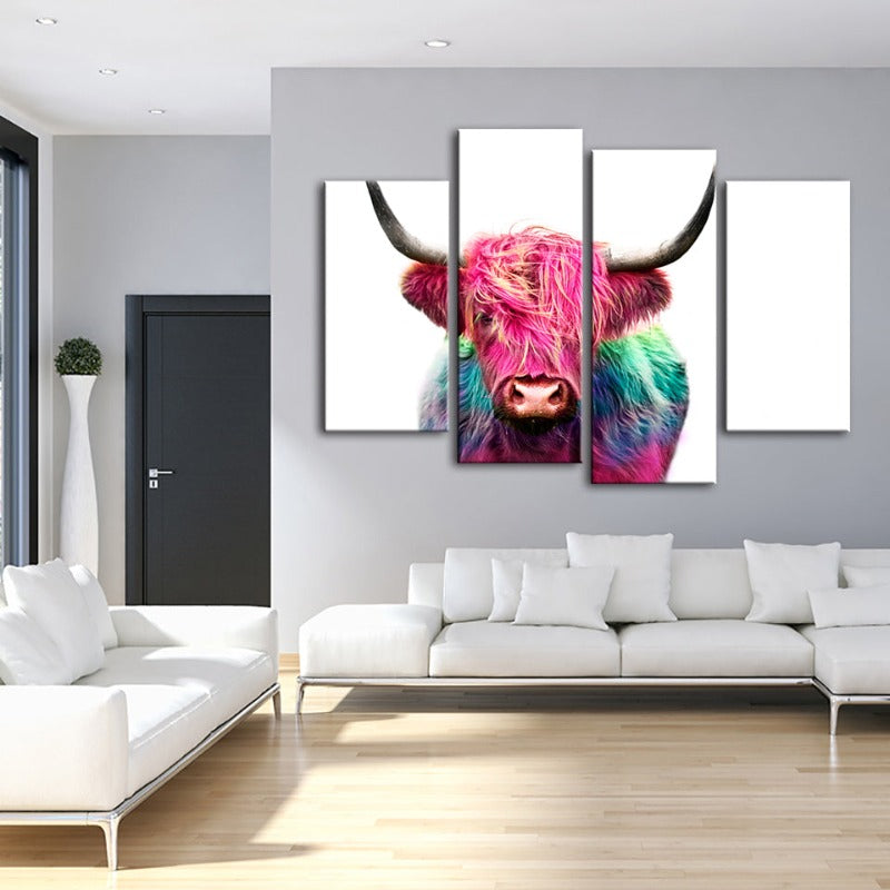 4-teiliges Farbige Pinke Kuh - Leinwand Wandkunst Gemälde