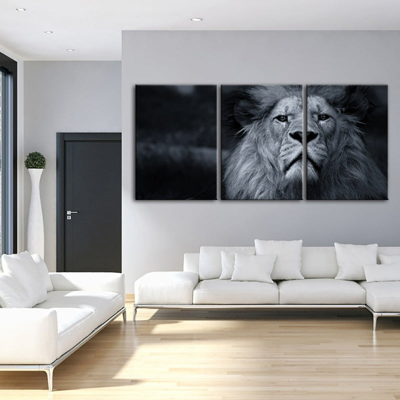 Graustufen Besorgter Löwe-Leinwand Wandkunst Gemälde 3 Teile