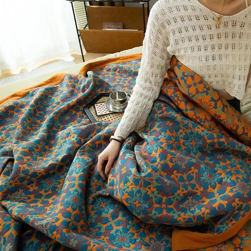 Brehn | Orange & Blau Muster Sechs-Lagen Baumwolldecke - TerraLoom