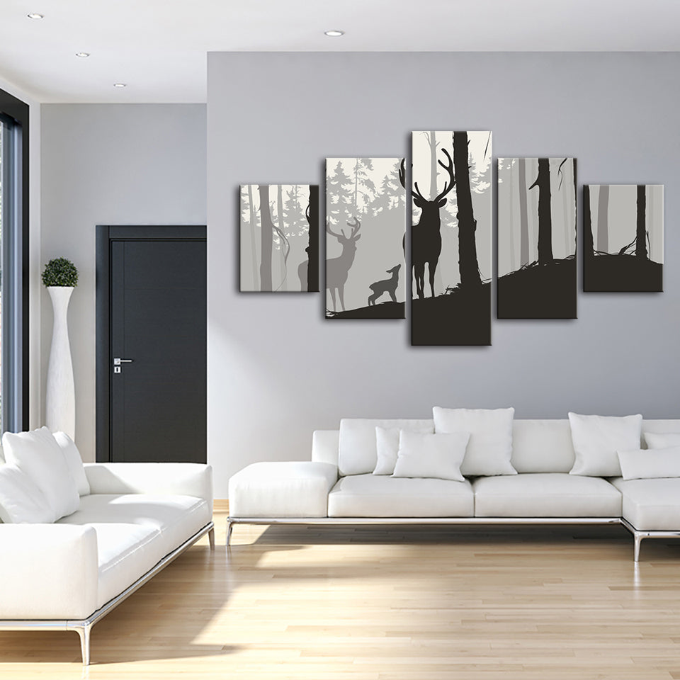 Silhouette einer Hirschfamilie, 5-teilig - Leinwandbild