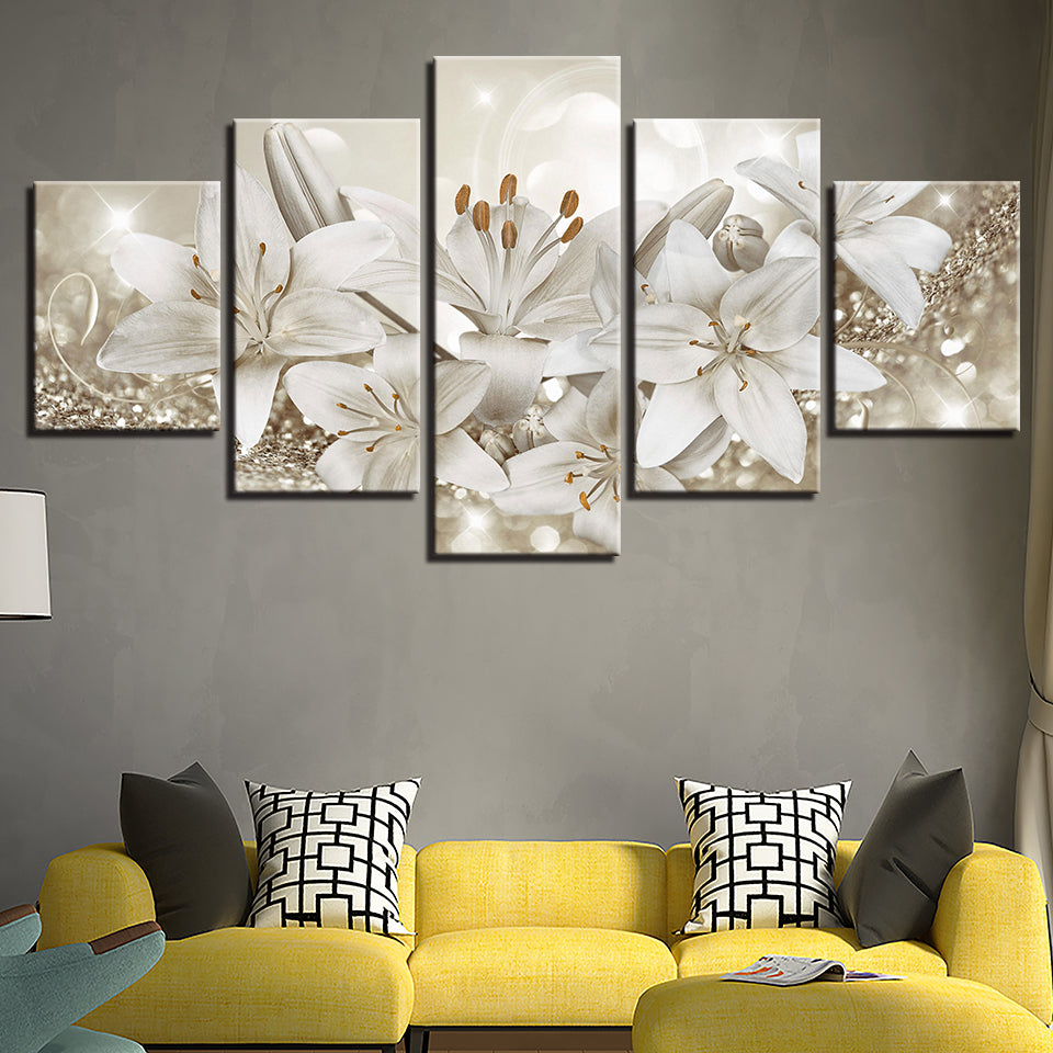 Glitzernde weiße Lilien 5-teilig - Leinwand Wanddekoration Malerei
