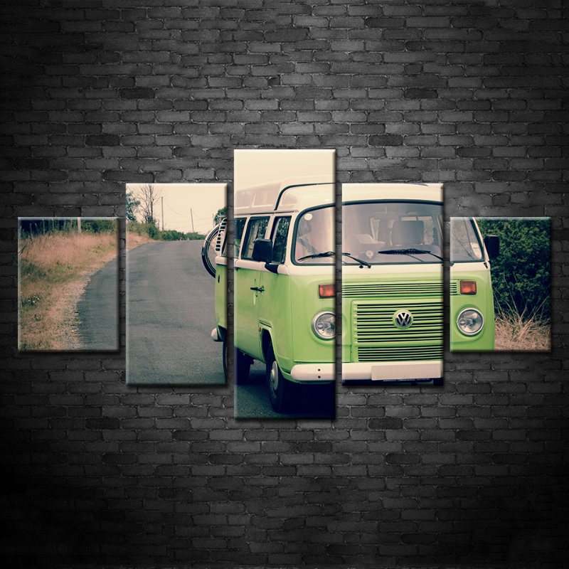 5-teiliges Hellgrünes Vintage Bus Auto - Leinwand Wandkunst Gemälde