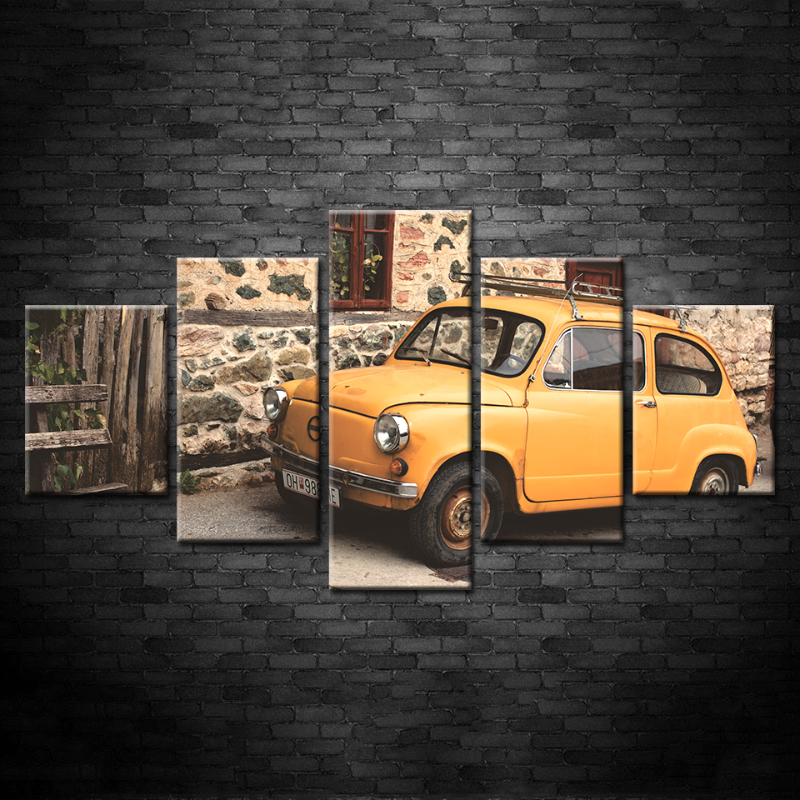 5 Stück - Gelbes Klassisches Vintage-Auto - Leinwand Wandkunst Gemälde