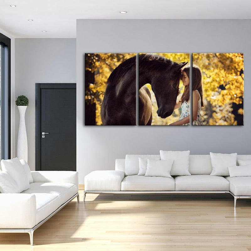 Freundschaft zwischen einem Mädchen und einem Pferd - Leinwand Wandkunst Malerei 3 Teile